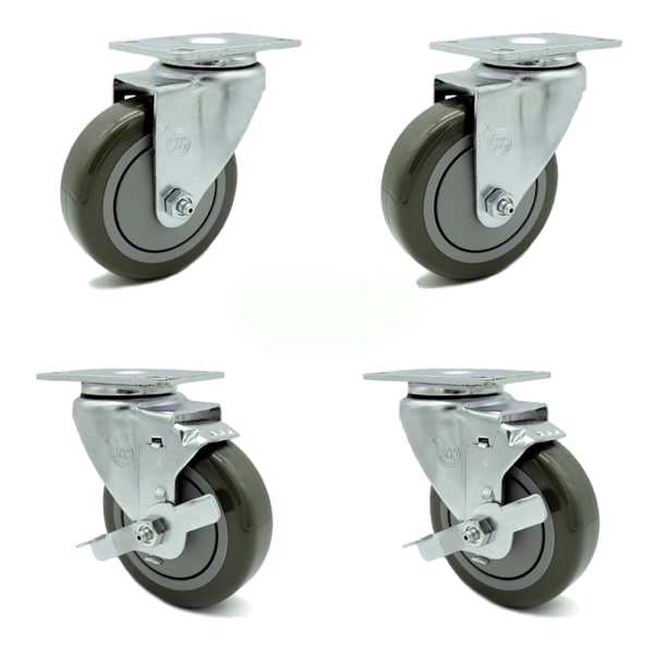 4 Inch Gray Polyurethane Wheel Swivel Top Plate Caster Set with 2 Brakes SCC